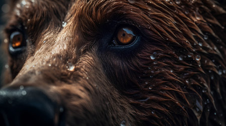 Close up of brown bear's eye in the rain. Shallow depth of fieldの素材