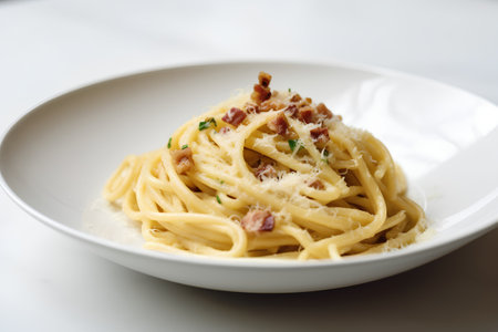 Spaghetti carbonara with bacon and parmesan on white plateの素材