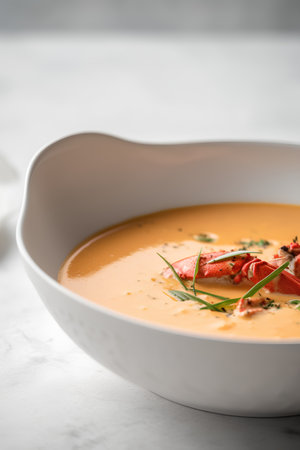Lobster cream soup in a white bowl on a light backgroundの素材