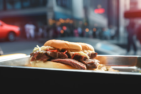 Beef hamburger on the street in New York City at sunsetの素材