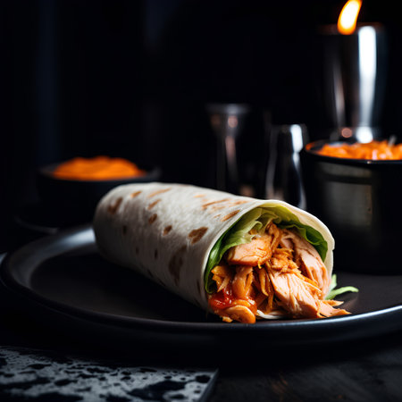 Tortilla wrap with chicken meat and vegetables on dark background.の素材