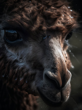 Close-up of a brown alpaca in the rain.の素材