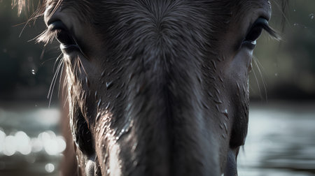 Close up of a horse's face in the paddock in the rainの素材
