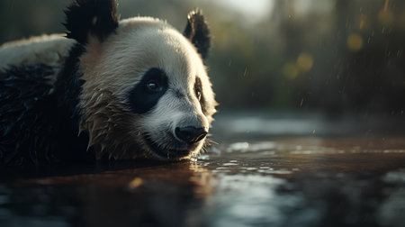 Portrait of giant panda bear in the rain. Nature backgroundの素材