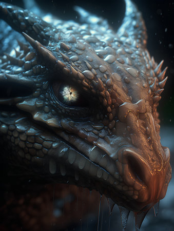 3D rendering of a fantasy dragon with beautiful eyes. Fantasy animal.の素材