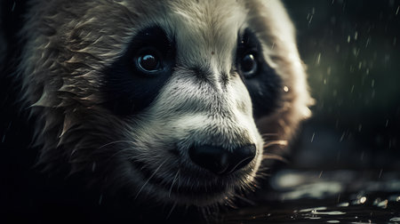 Close-up portrait of a giant panda bear in the rainの素材