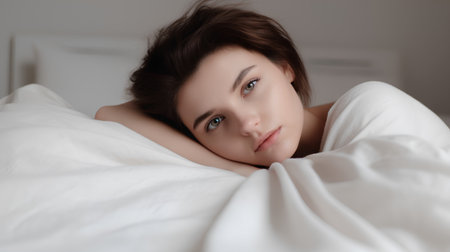 Beautiful young woman lying in bed at home. Portrait of a girlの素材