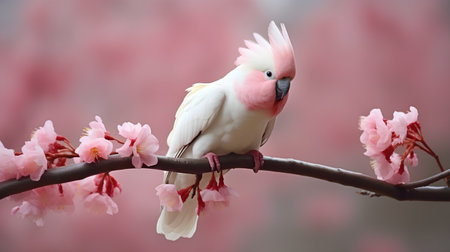 Cockatoo on a branch with pink sakura blossomの素材