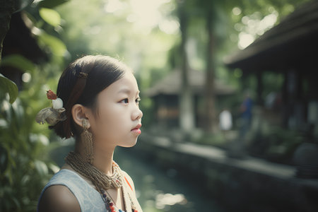 Portrait of beautiful asian girl in the garden. Vintage tone.の素材