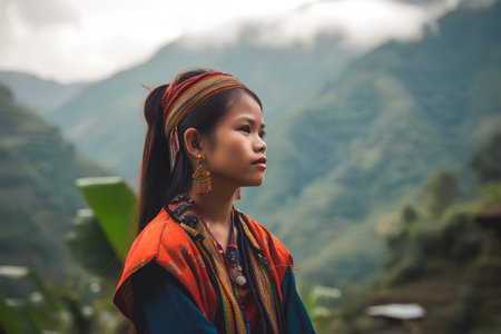 Portrait of a beautiful Asian woman in traditional clothes standing in the mountains.の素材