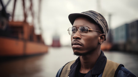 Portrait of a young african american man in a cap and glassesの素材