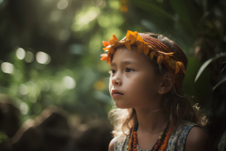 Portrait of a beautiful little girl in a wreath of autumn leavesの素材