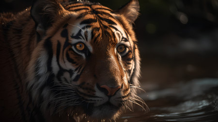Close-up portrait of a beautiful tiger in the water. Wildlife scene from nature.の素材