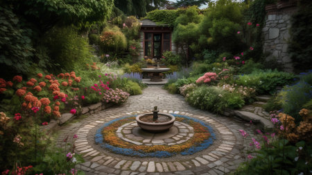 Beautiful garden with a fountain in the middle of the flowerbed.の素材