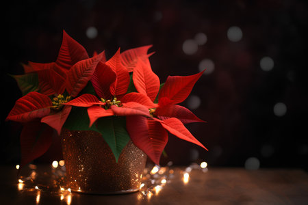 Christmas poinsettia in a copper pot and lights on a dark backgroundの素材