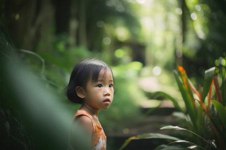 Little asian girl in the jungle with natural bokeh backgroundの素材
