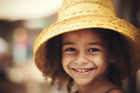 Portrait of a cute little girl in a straw hat smiling at the cameraの素材