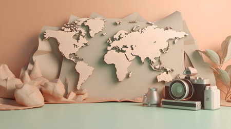 Travel and vacation concept. World map, camera, coffee cup, 3d renderingの素材