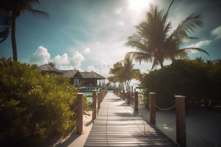 Wooden walkway to tropical island with palm trees and blue skyの素材