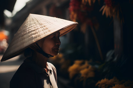 Asian woman wearing traditional Vietnamese hat in Hoi An, Vietnam.の素材