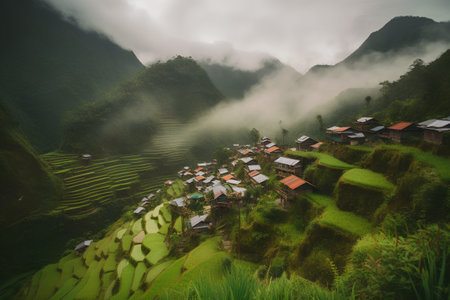 Terraced rice field in Sapa, Vietnam in a rainy day.の素材