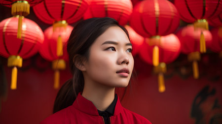 Beautiful asian woman with chinese lanterns on red backgroundの素材