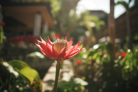 Beautiful red lotus flower blooming in the garden with sunlight.の素材