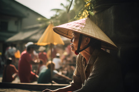 Vietnamese woman in traditional hat at the market in Hoi An, Vietnamの素材