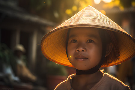 Portrait of a cute Asian girl wearing a straw hat in the sunset.の素材
