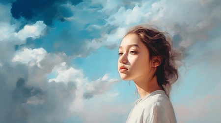 Portrait of a beautiful young woman against the blue sky with cloudsの素材