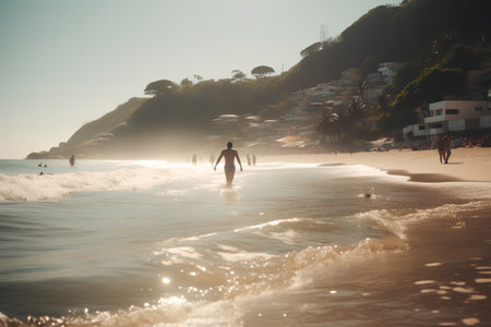 Vintage photo of a young woman walking on the beach at sunsetの素材