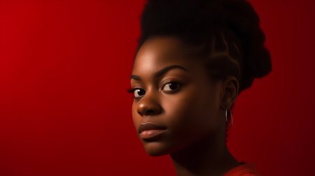 Portrait of a beautiful african american woman on a red backgroundの素材