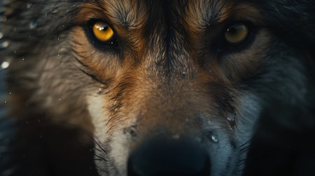 Dark wolf portrait with drops of water on its face. Selective focus.の素材