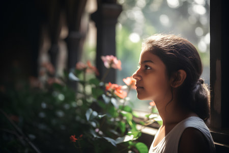 Portrait of a young woman looking out the window in the gardenの素材