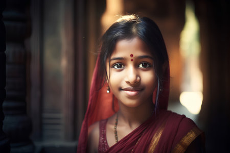 Beautiful indian young girl in traditional sari smiling at cameraの素材