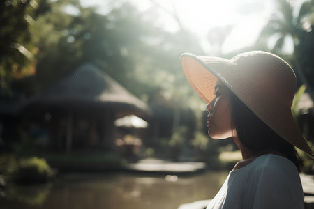 Asian woman wearing straw hat in the garden. Relaxing and enjoying nature.の素材
