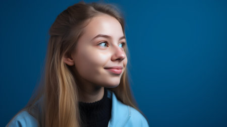 Portrait of a beautiful young girl in a blue jacket on a blue backgroundの素材