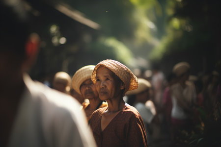Vietnamese woman with straw hat walking on the street in Vietnamの素材