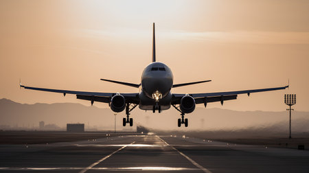 Airplane taking off from the airport runway at sunset. Travel conceptの素材