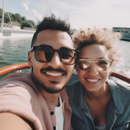 Happy young couple taking selfie on a boat. Focus on the man in sunglassesの素材