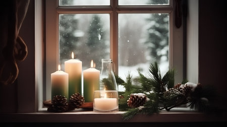 Christmas still life with burning candles, fir branches and pine cones on windowsillの素材