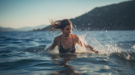 Young woman splashing water in the sea at sunset. Portrait of beautiful girl in bikini.の素材