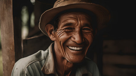 Smiling old man in a straw hat. Portrait of an elderly man.の素材