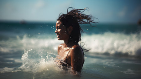 Portrait of a beautiful young woman with wet hair in the seaの素材