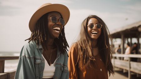 Portrait of two beautiful african american women in sunglasses and hat smiling while standing on pier near seaの素材