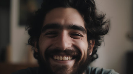 Portrait of a young man with a beard smiling and looking at the cameraの素材