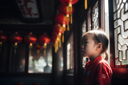 Cute asian child girl in cheongsam dress standing in front of window in Chinese temple.の素材