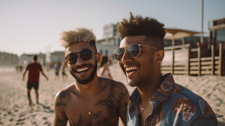 Portrait of two african american guys on the beach.の素材