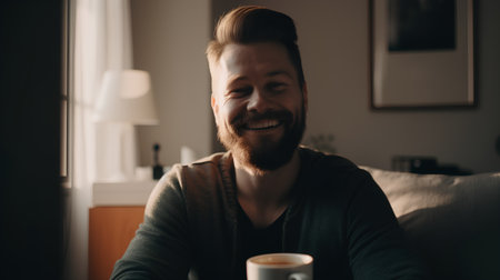 Portrait of a handsome bearded man with a cup of coffee.の素材
