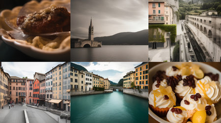 A collage of photos of Lake Como in Italy and the city of Turinの素材